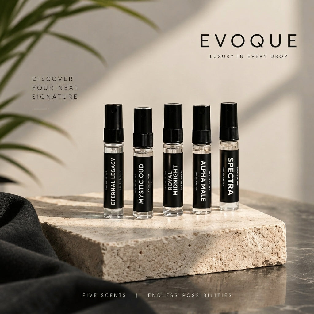 Evoque Men's Tester Kit – Spectra, Alpha Male, Royal Midnight, Eternal Legacy, Mystic Oud 5ML testers